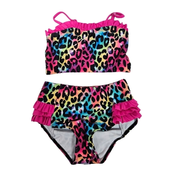 NWOT Unbranded Rainbow Leopard Print Ruffle Bikini Size 6 Girls A46 - Picture 1 of 5
